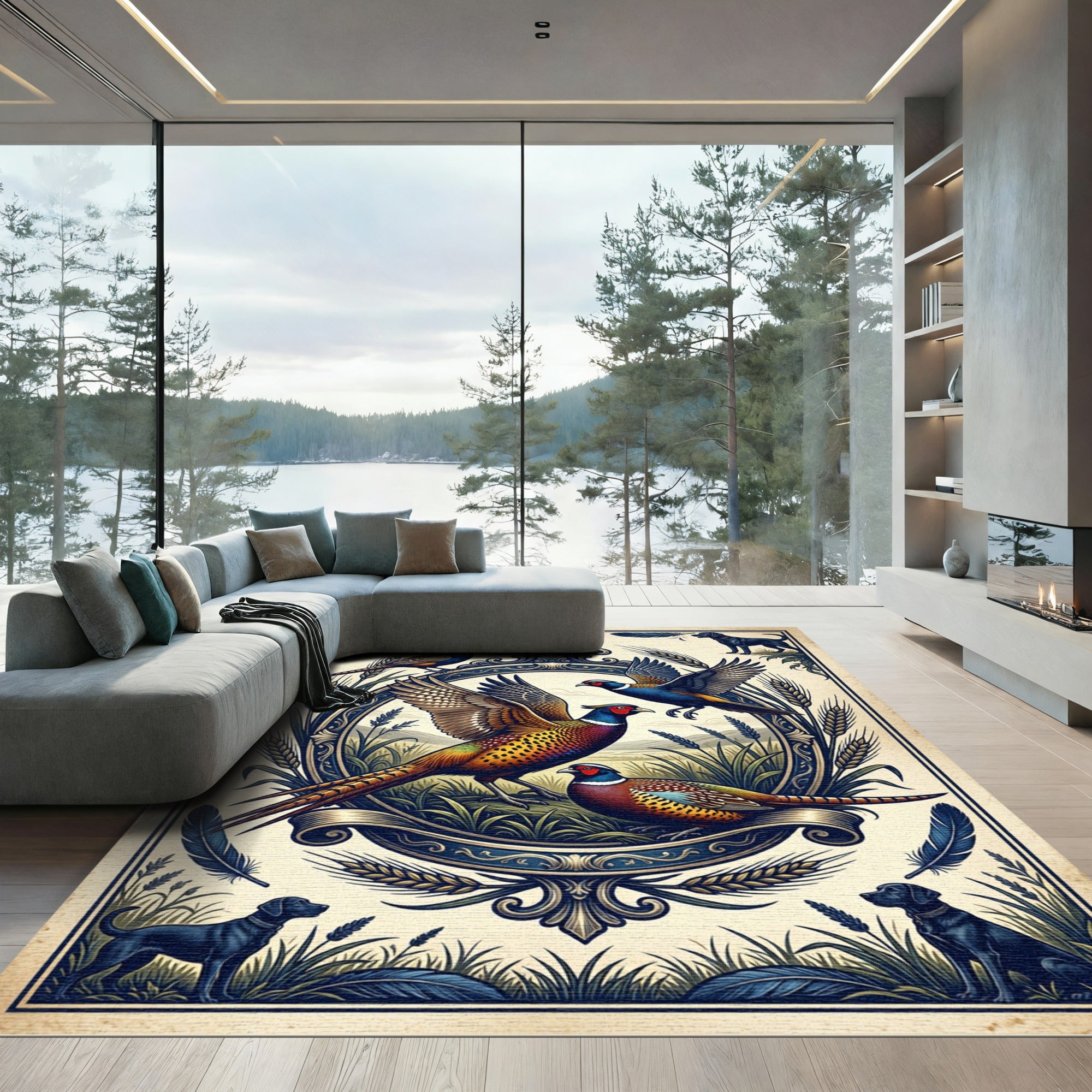 Vintage Field Pheasant and Labrador Illustration Rug