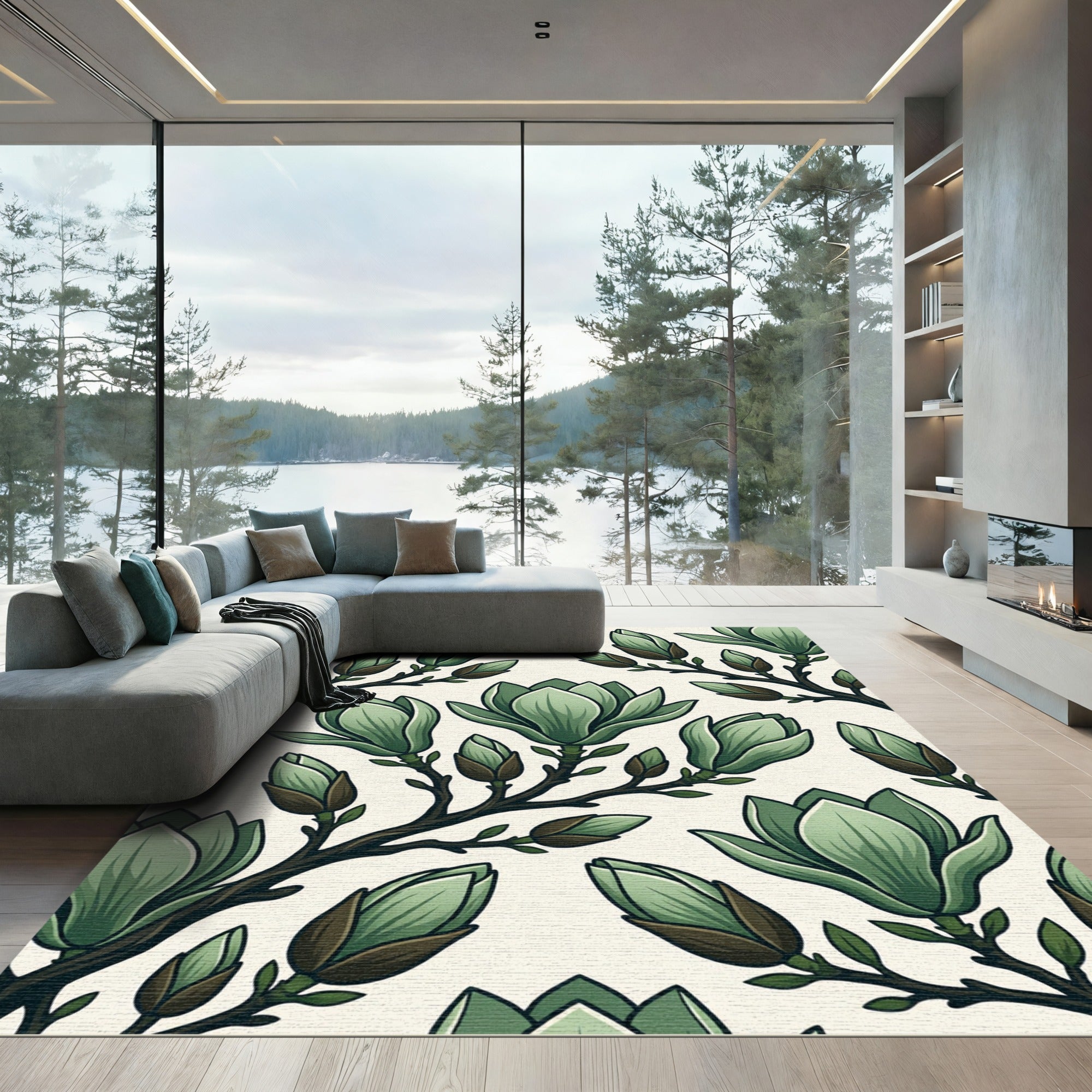 Light Green Magnolia Branch Bloom Rug