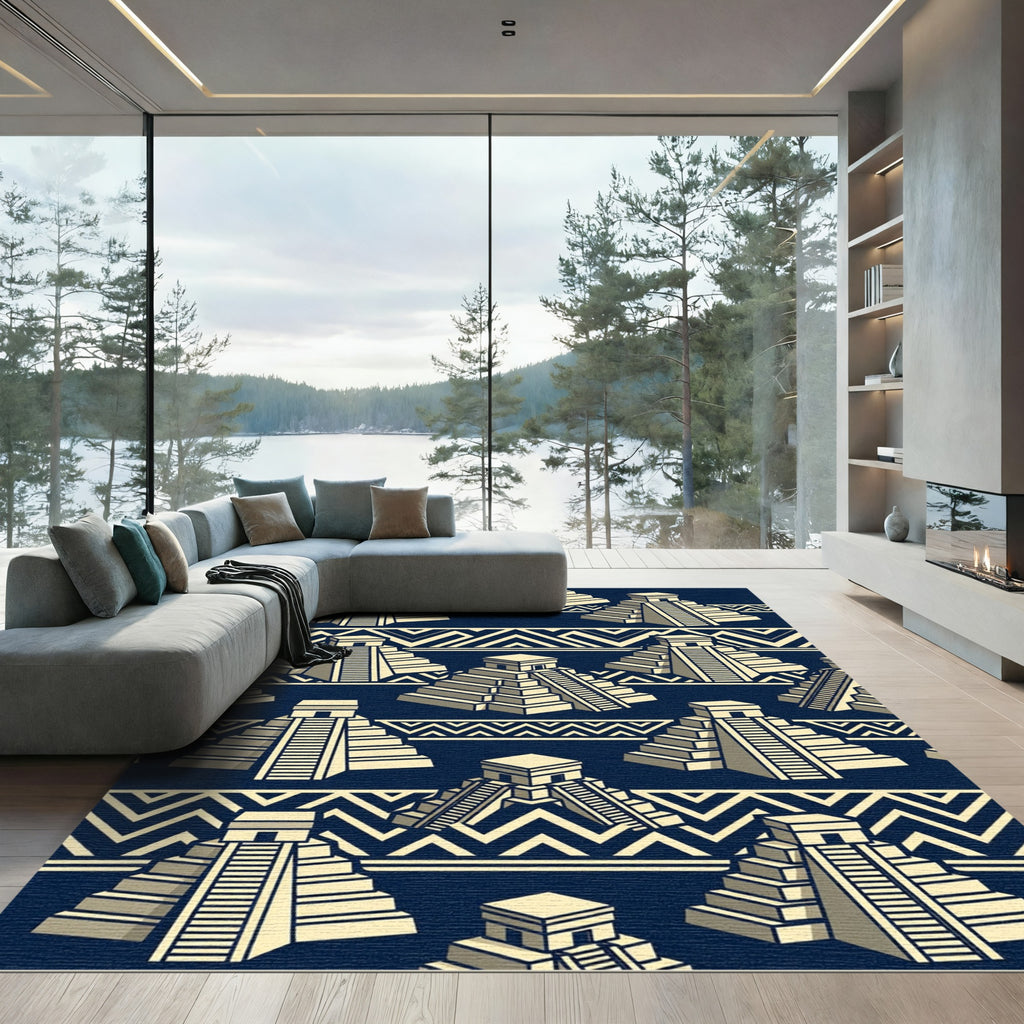 Navy Blue Aztec Step Pyramid Geometry Rug