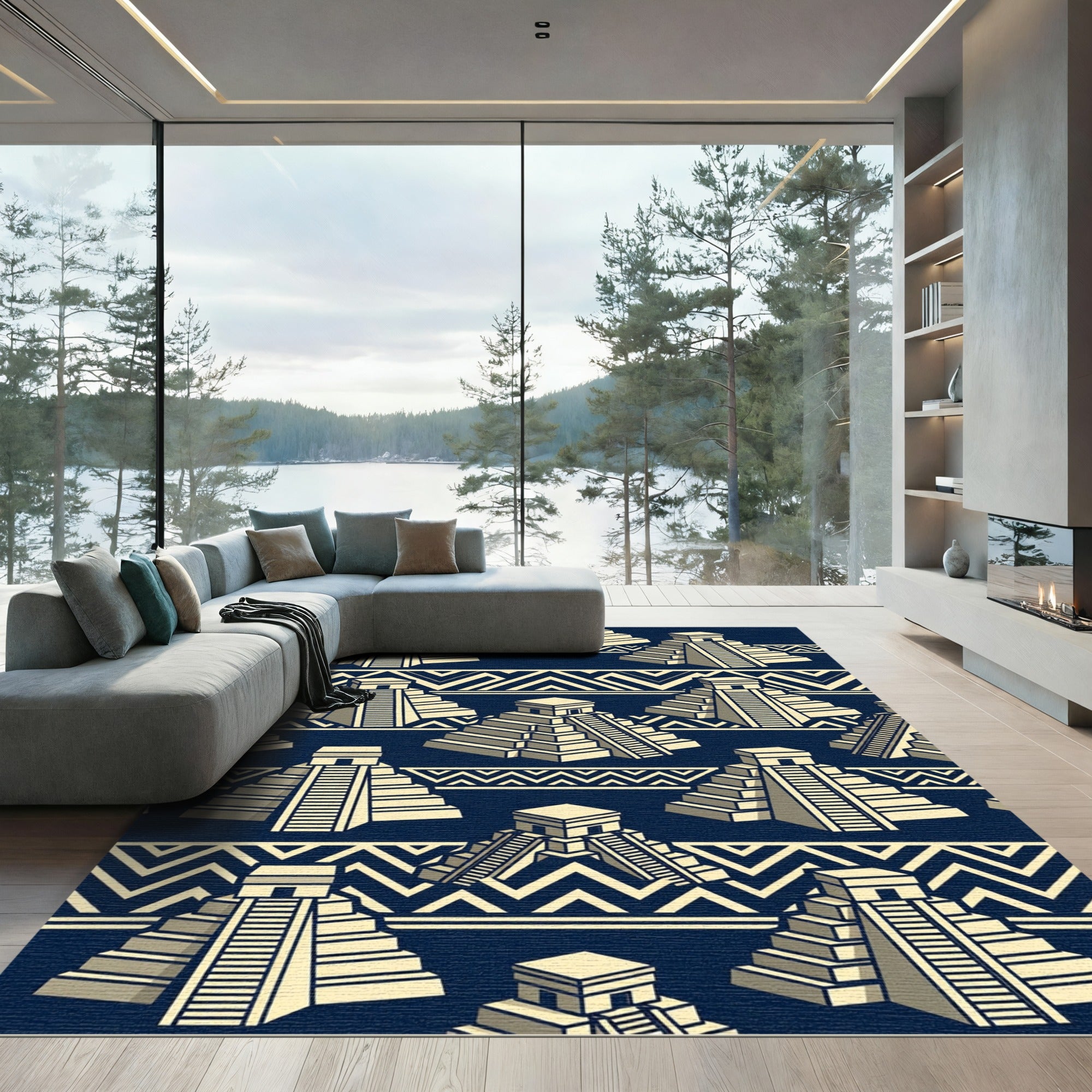 Navy Blue Aztec Step Pyramid Geometry Rug