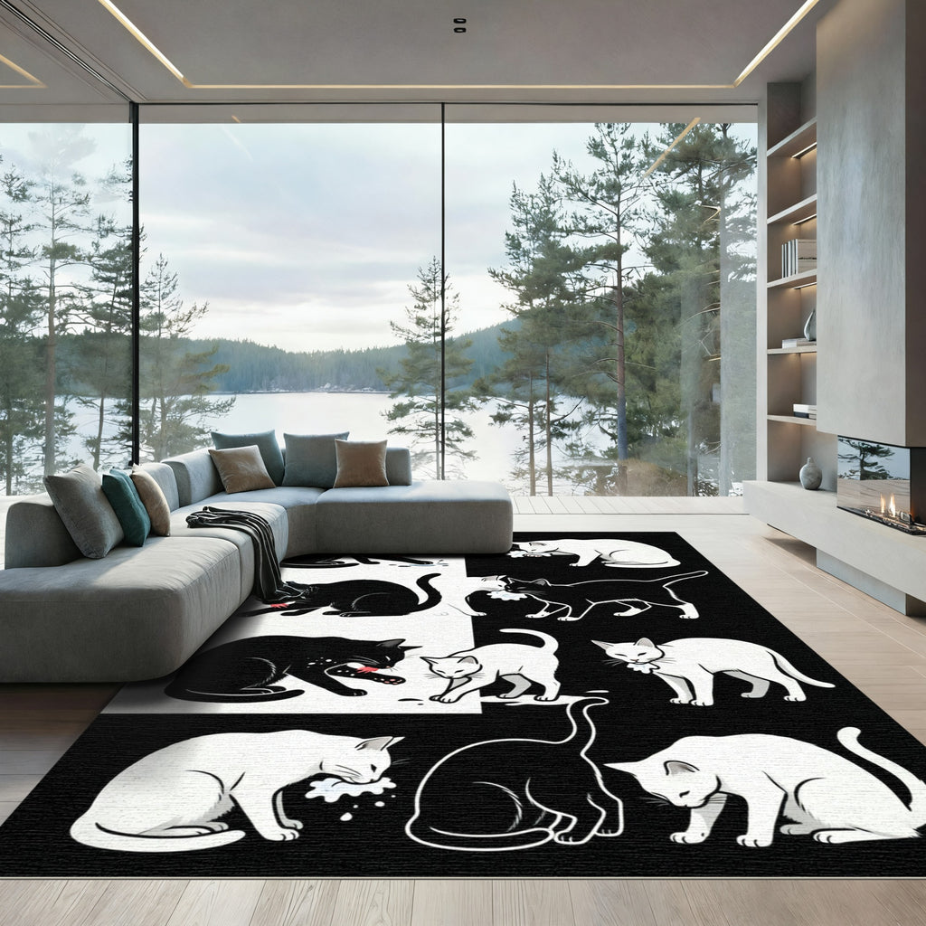 Black White Feline Playful Companions Rug