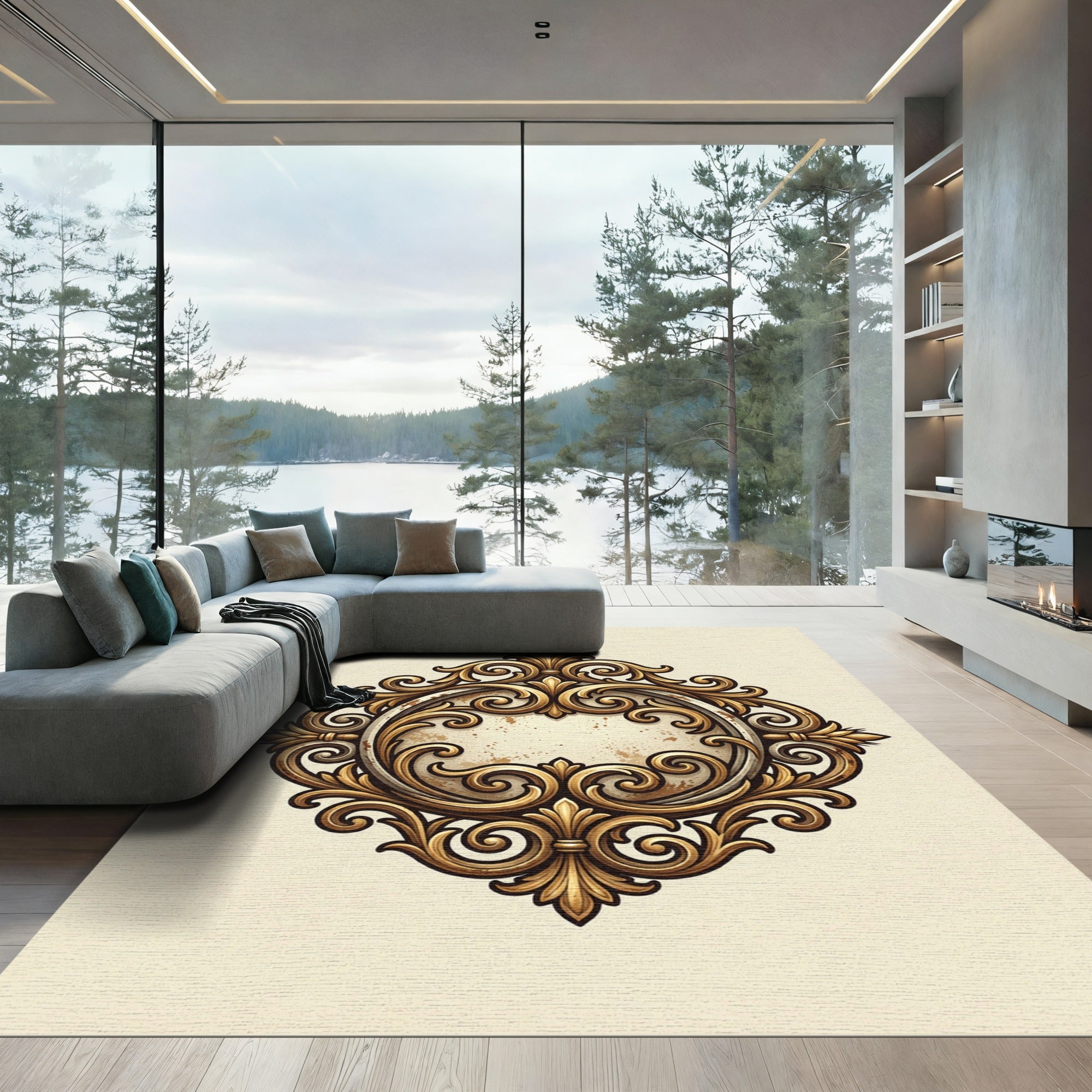 Ornate Gold Filigree Damask Frame Rug