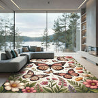Whimsical Peach Butterfly Garden Floral Rug