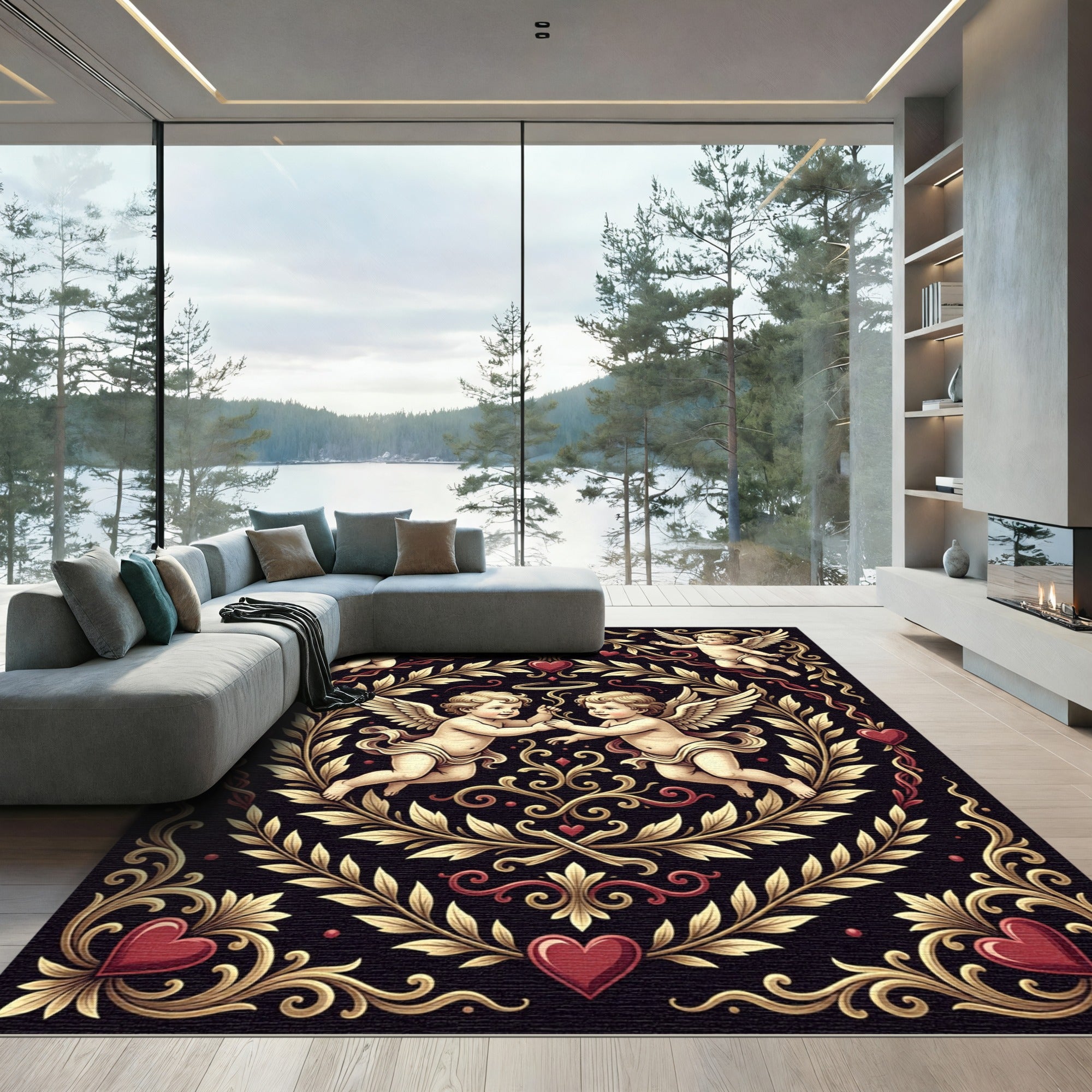 Cherubic Heart Scrollwork Black Rug