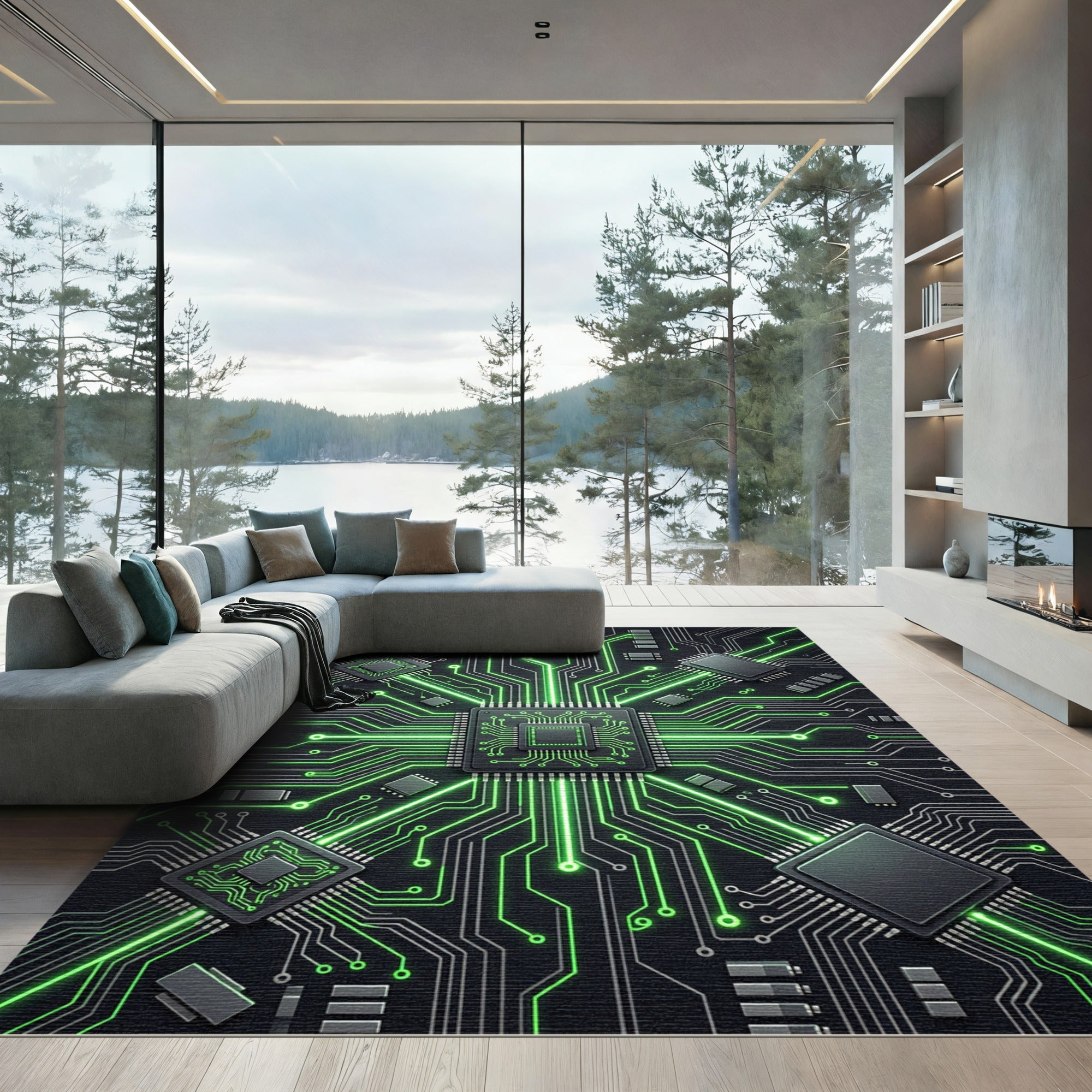 Neon Circuit Board Cyber Tech Glow Rug