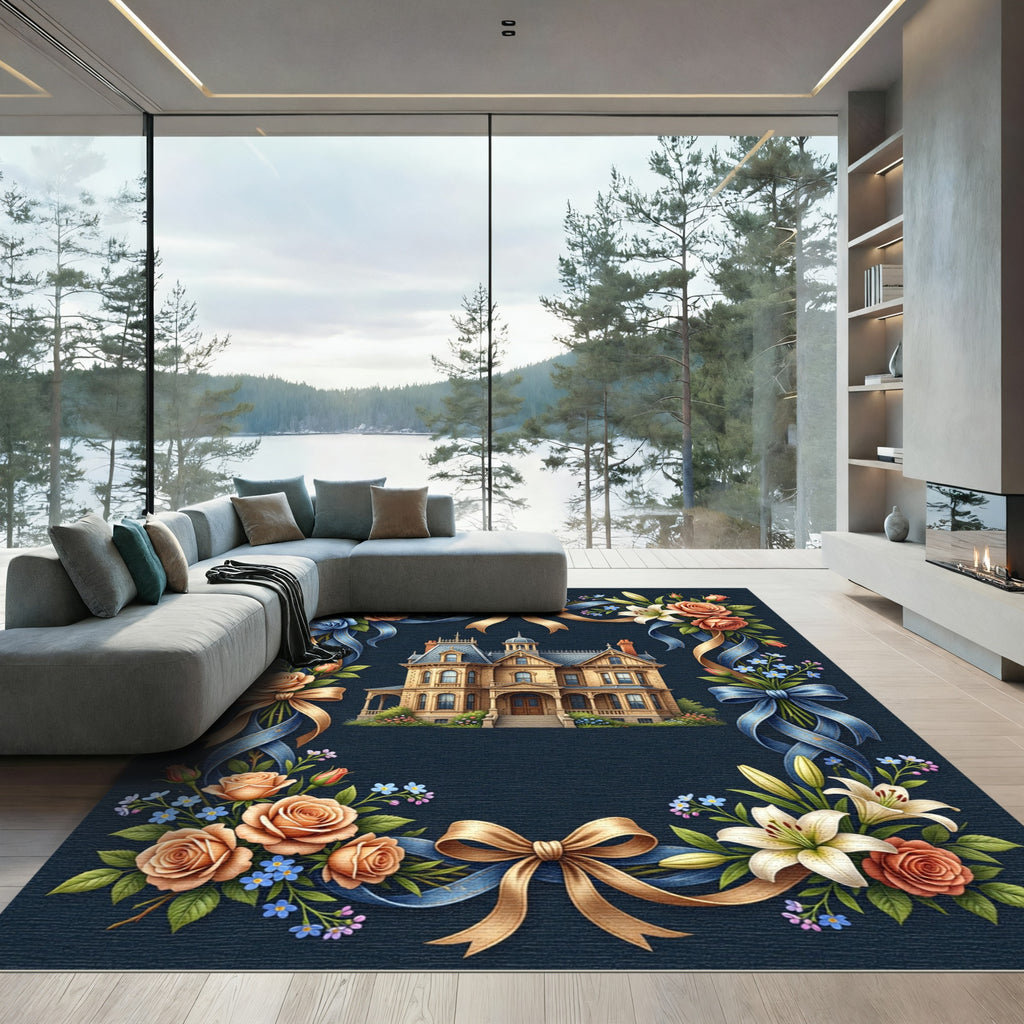 Elegant Victorian Estate Floral Ribbon Border Rug