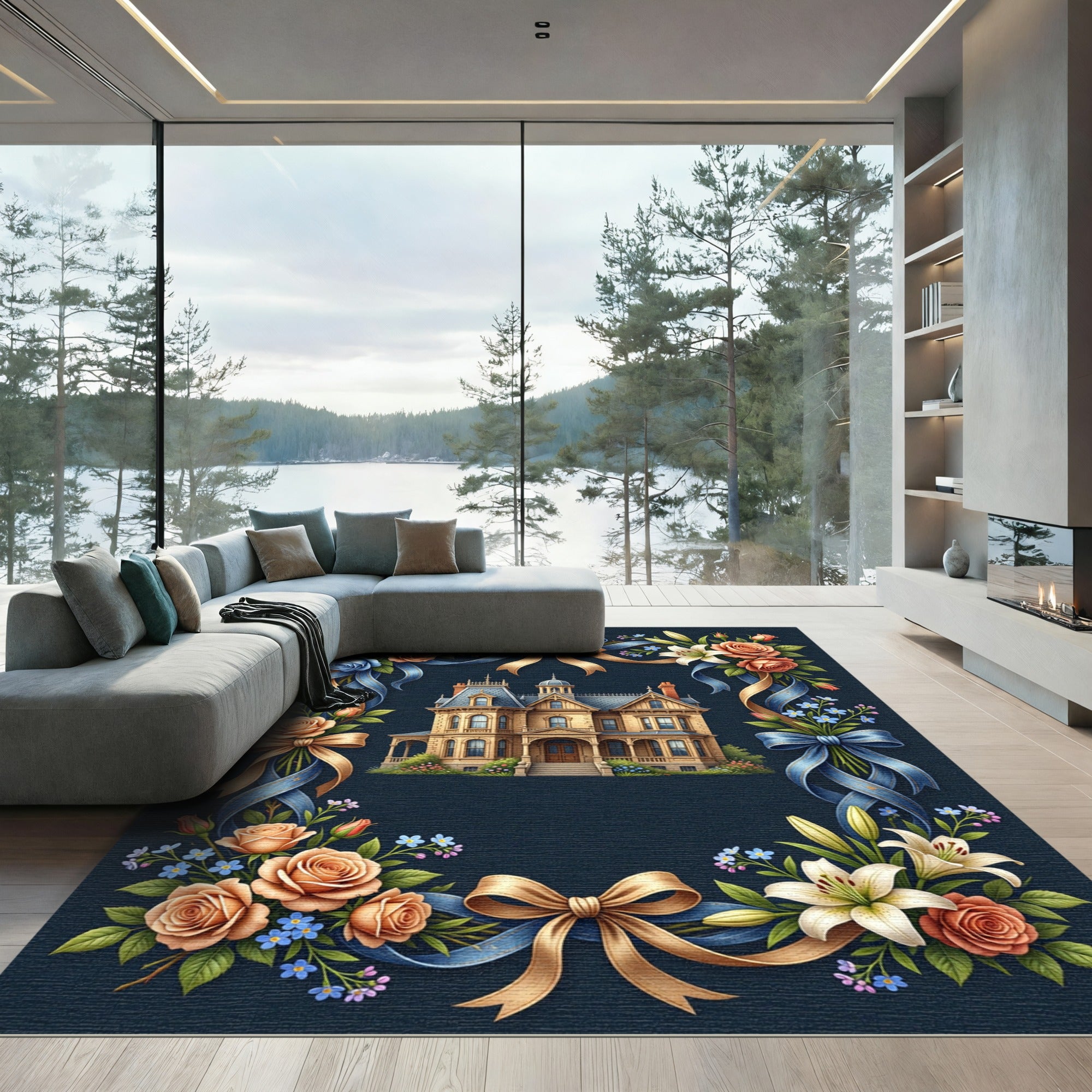 Elegant Victorian Estate Floral Ribbon Border Rug