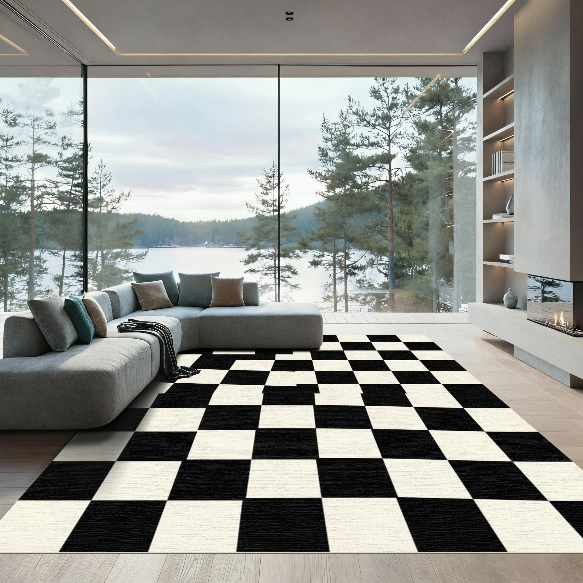 Warped Black White Checkerboard Squares Rug