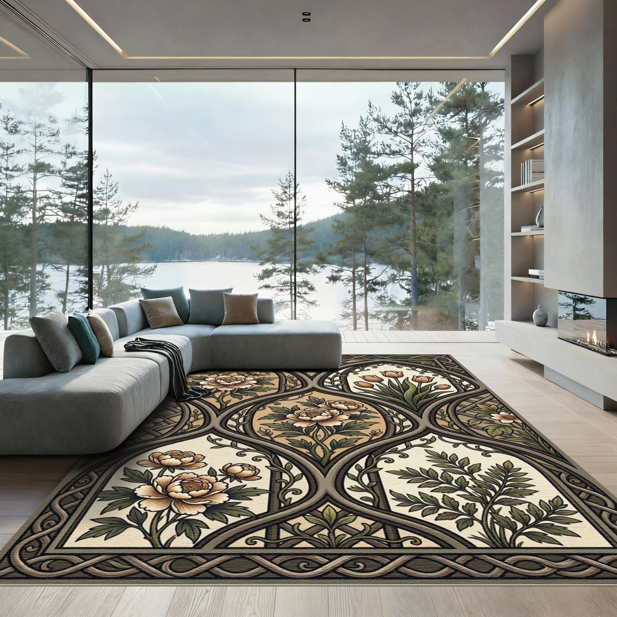 Elegant Botanical Arch Garden Cream Beige Rug
