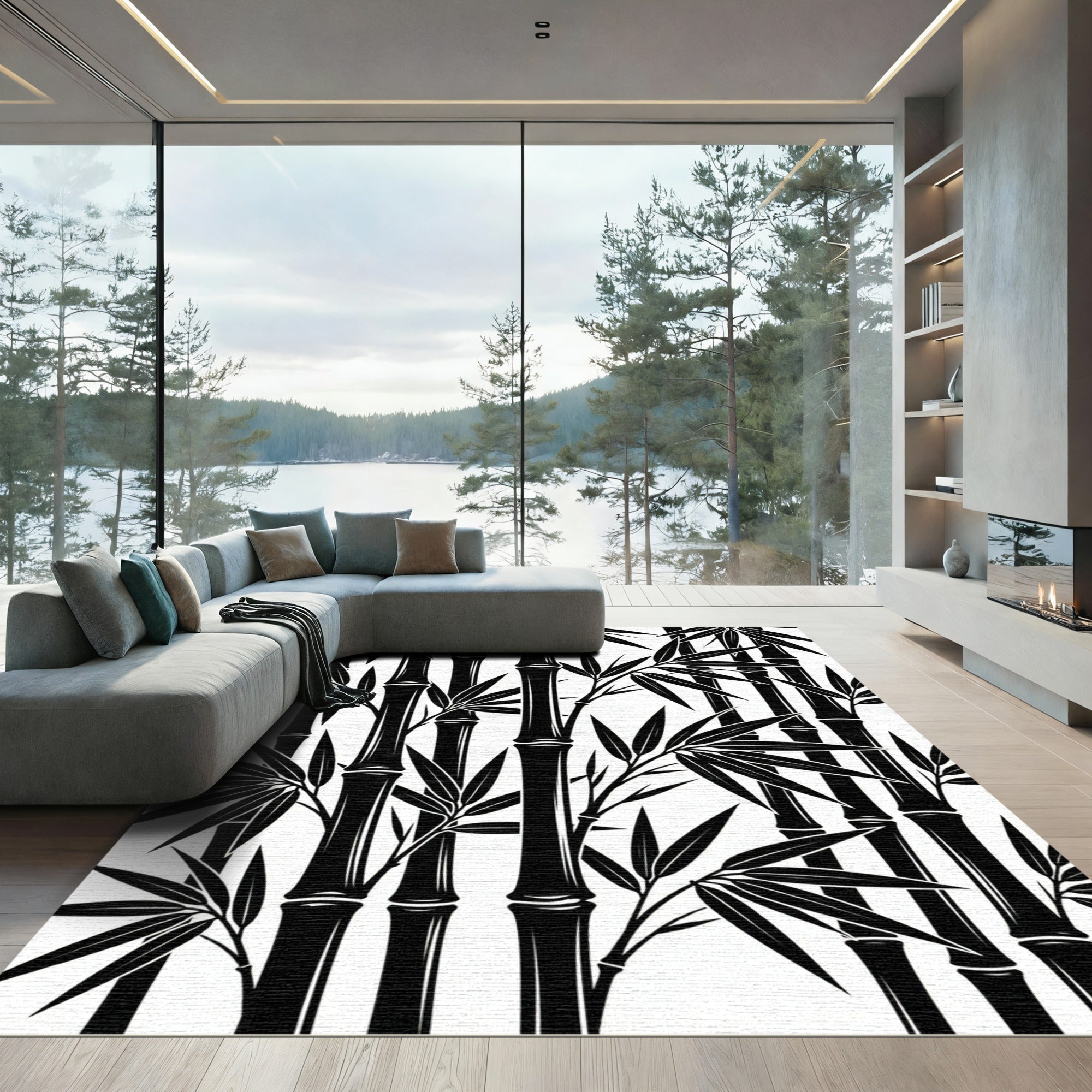 Black Bamboo Forest Branches Rug