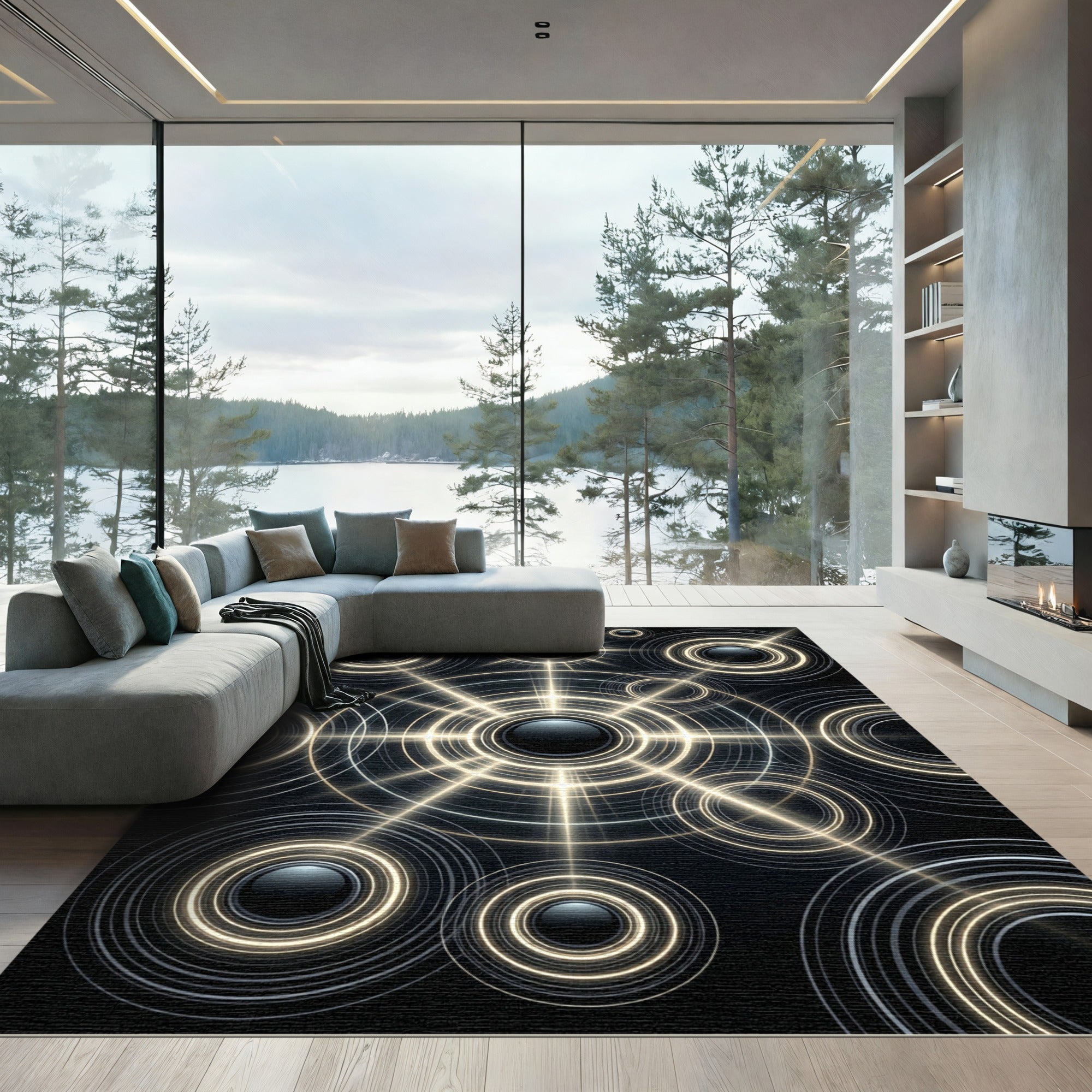 Radiant Black Gold Concentric Circles Rug