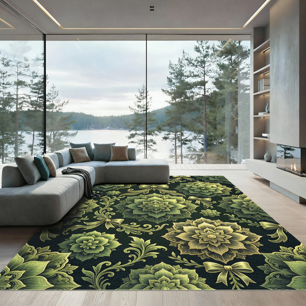Elegant Olive Floral Medallion Ribbon Art Rug