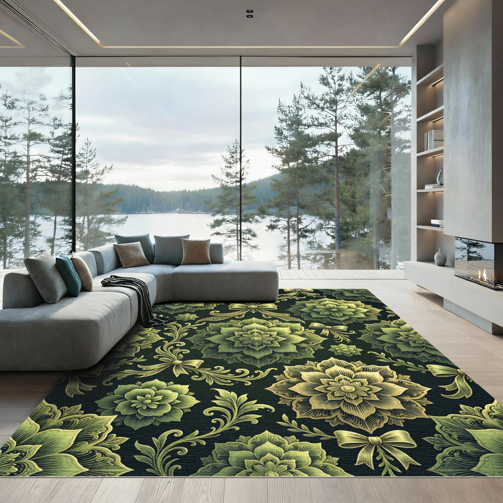 Elegant Olive Floral Medallion Ribbon Art Rug