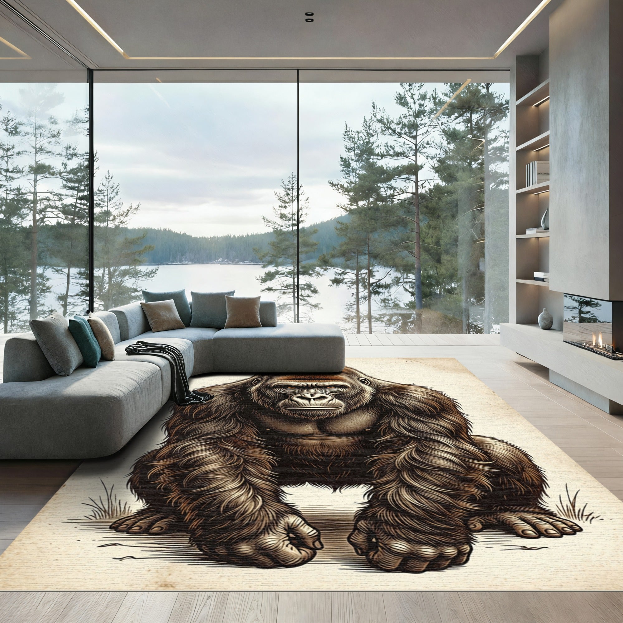 Majestic Charcoal Silverback Gorilla Portrait Rug