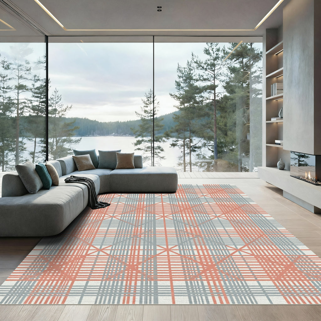 Coastal Coral Gray Plaid Diamond Rug