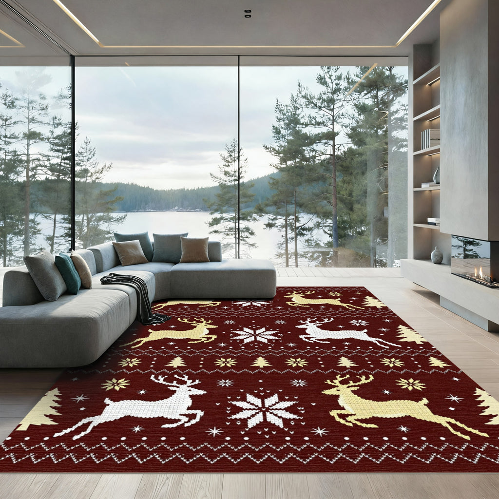 Winter Reindeer Snowflake Tree Stripes Rug