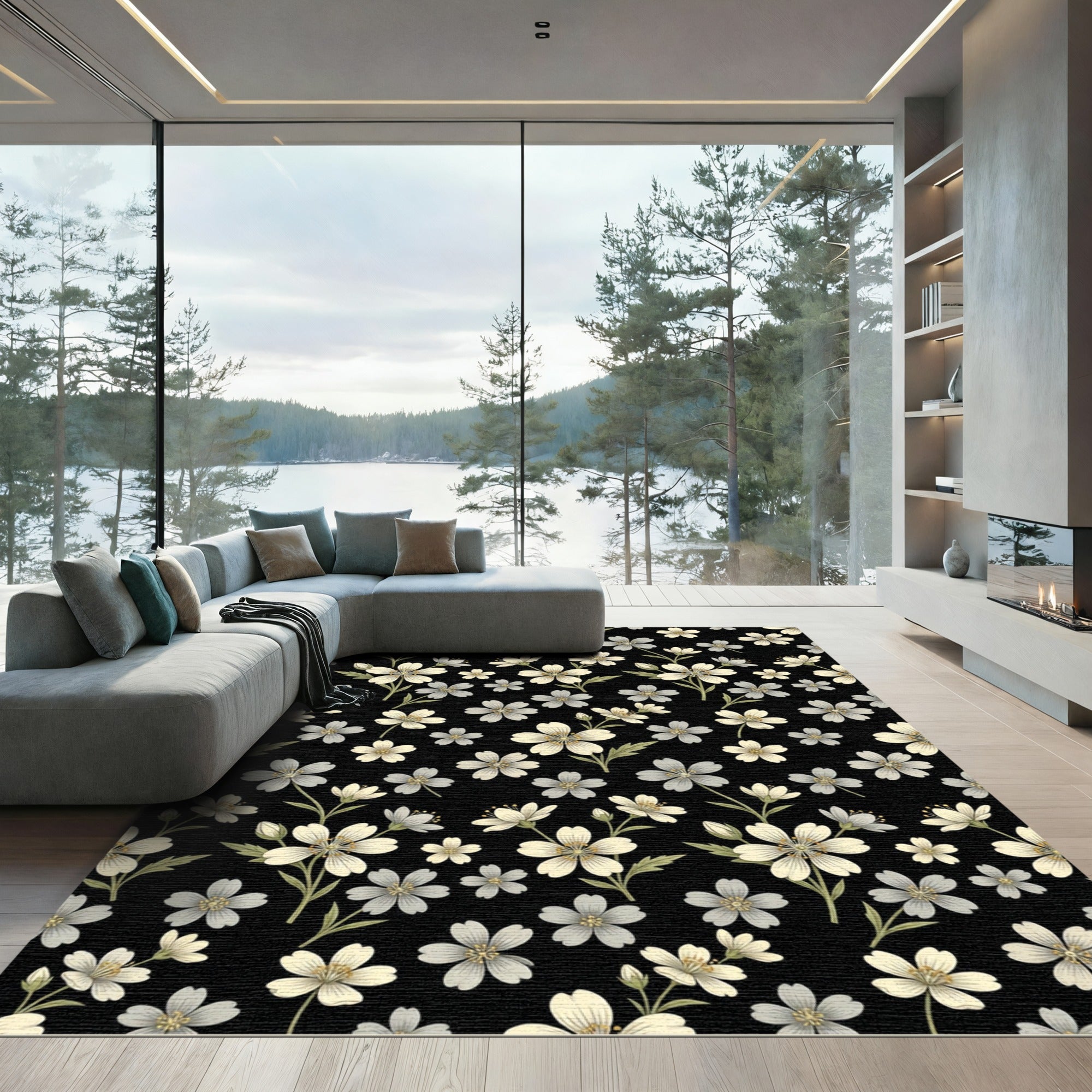 Black White Floral Sprig Accents Rug