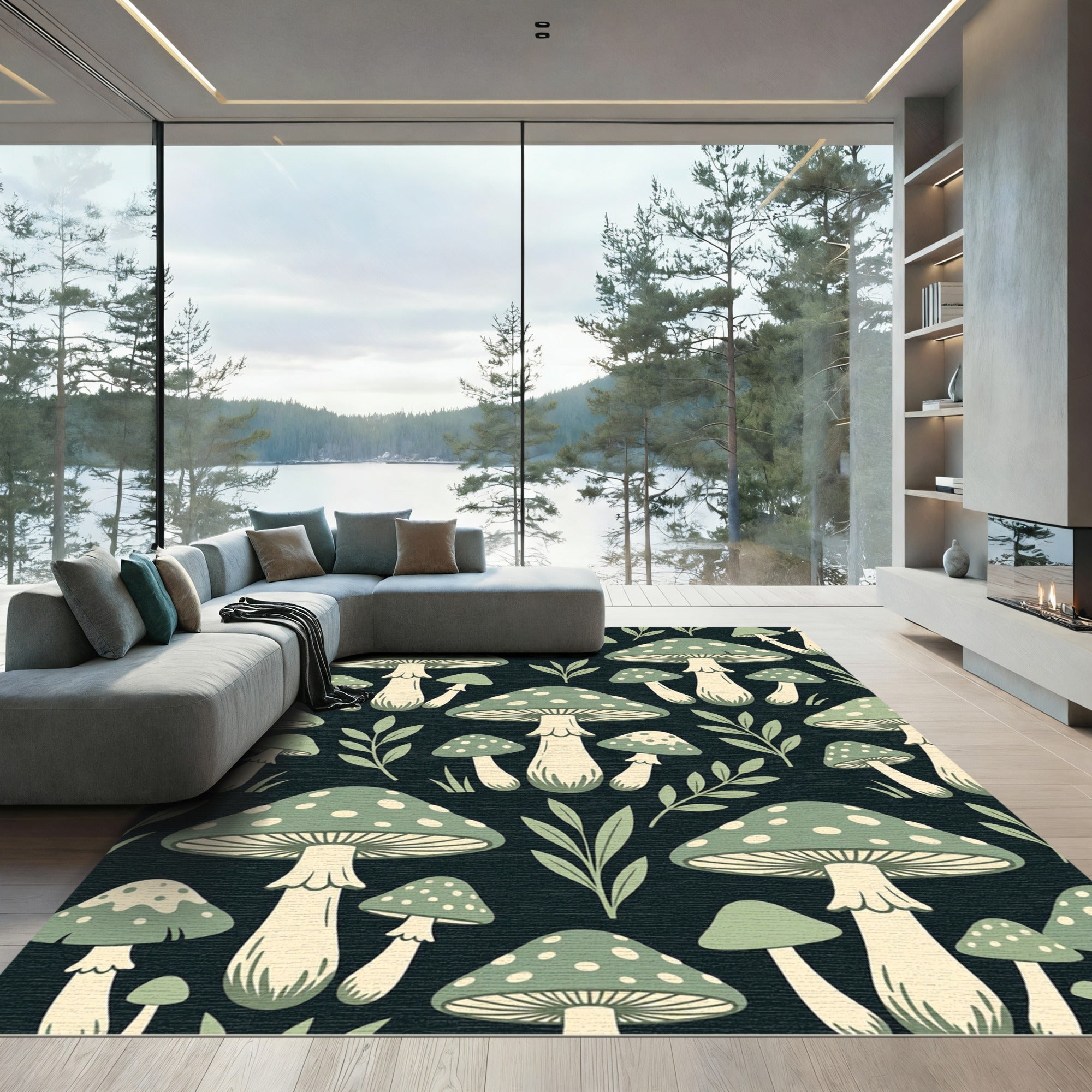 Sage Forest Mushroom Botanical Illustration Rug