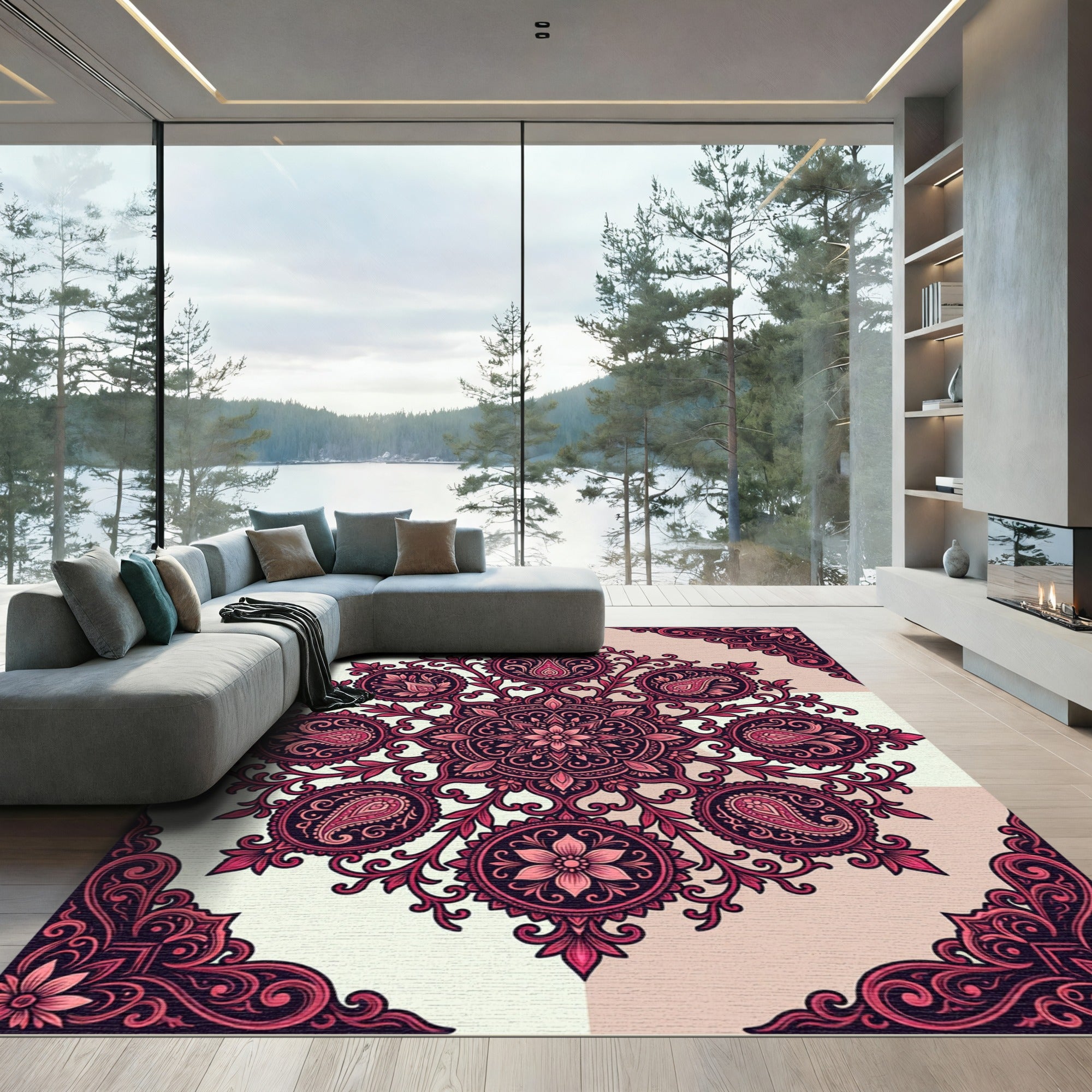 Burgundy Paisley Floral Mandala Medallion Rug