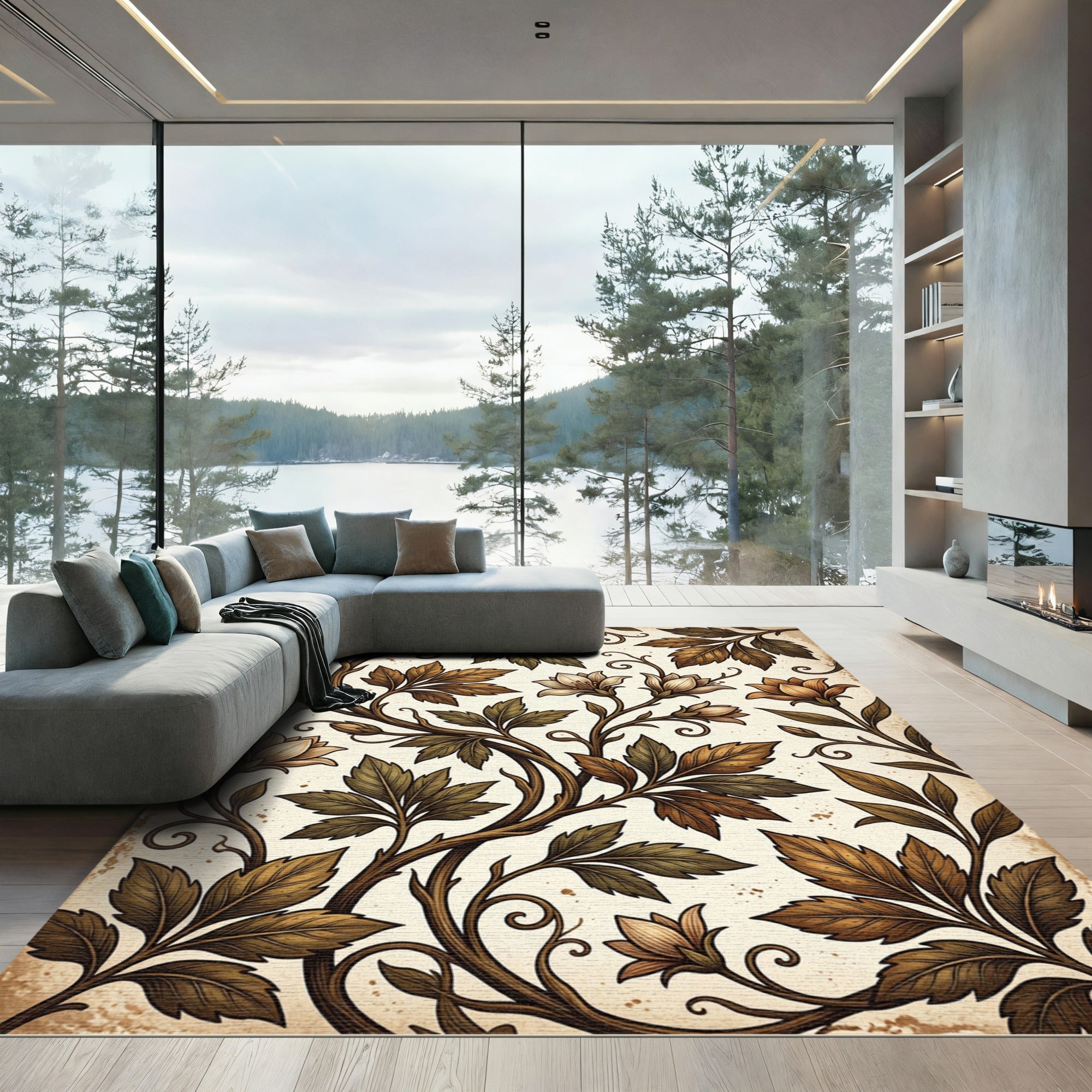 Vintage Earthy Floral Vine Scroll Rug