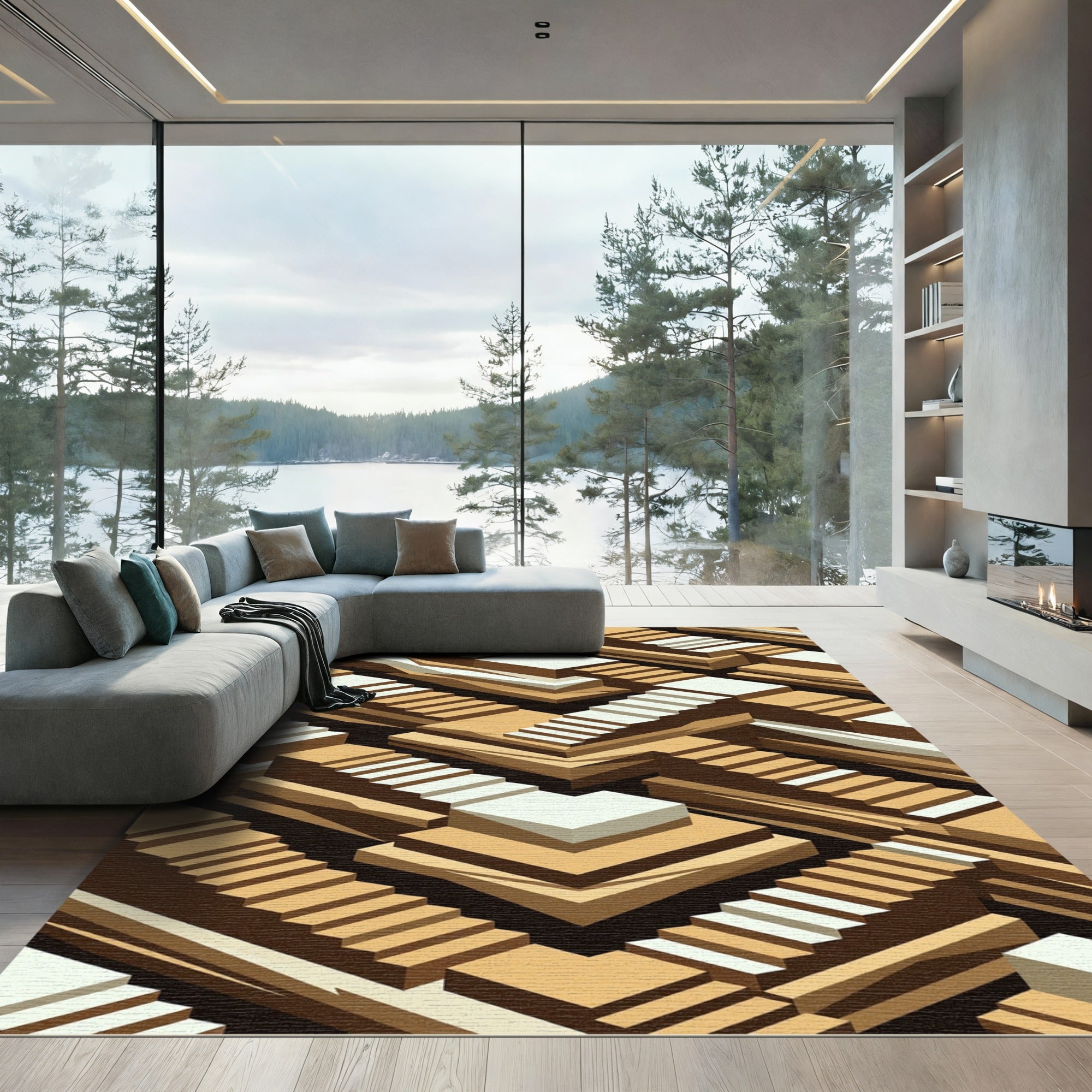 Brown White Abstract Architectural Steps Rug