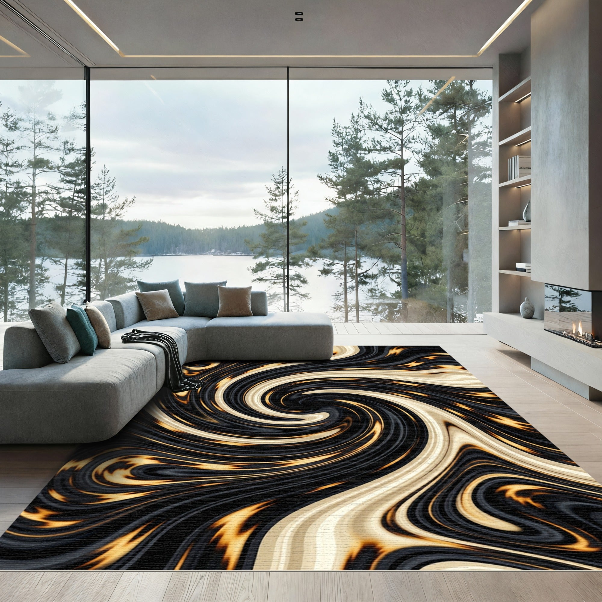 Golden Swirl Black Marble Abstract Rug