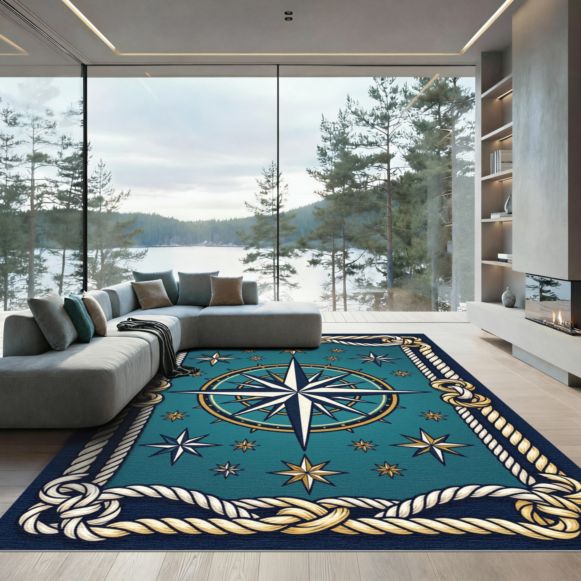 Nautical Star Compass Nautical Rope Border Rug