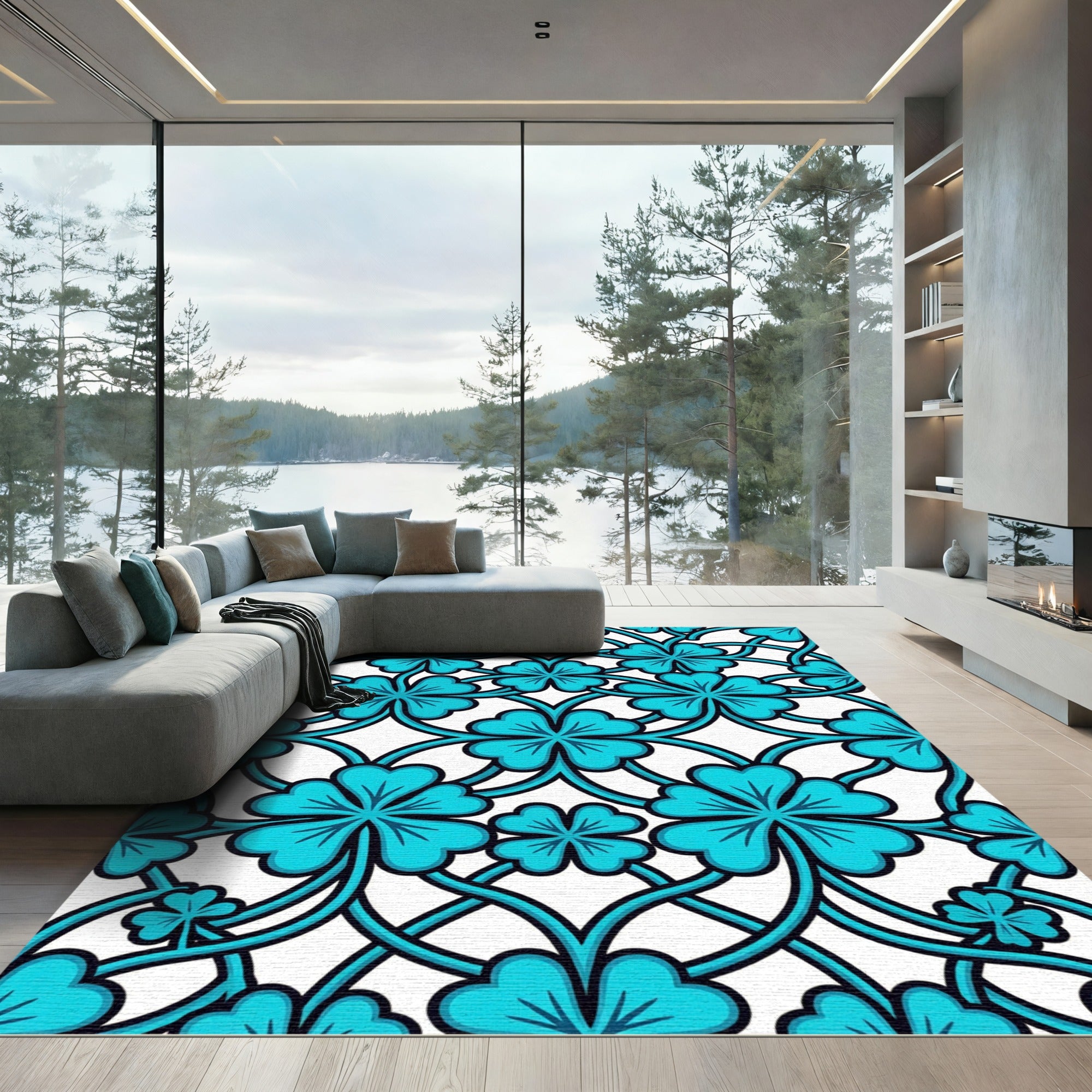 Bright Turquoise Four Leaf Clover Lattice Rug