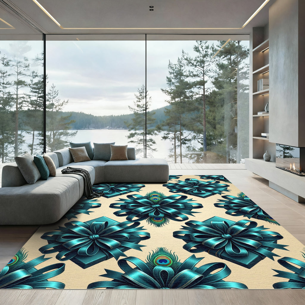 Teal Peacock Feather Ribbon Bouquet Rug