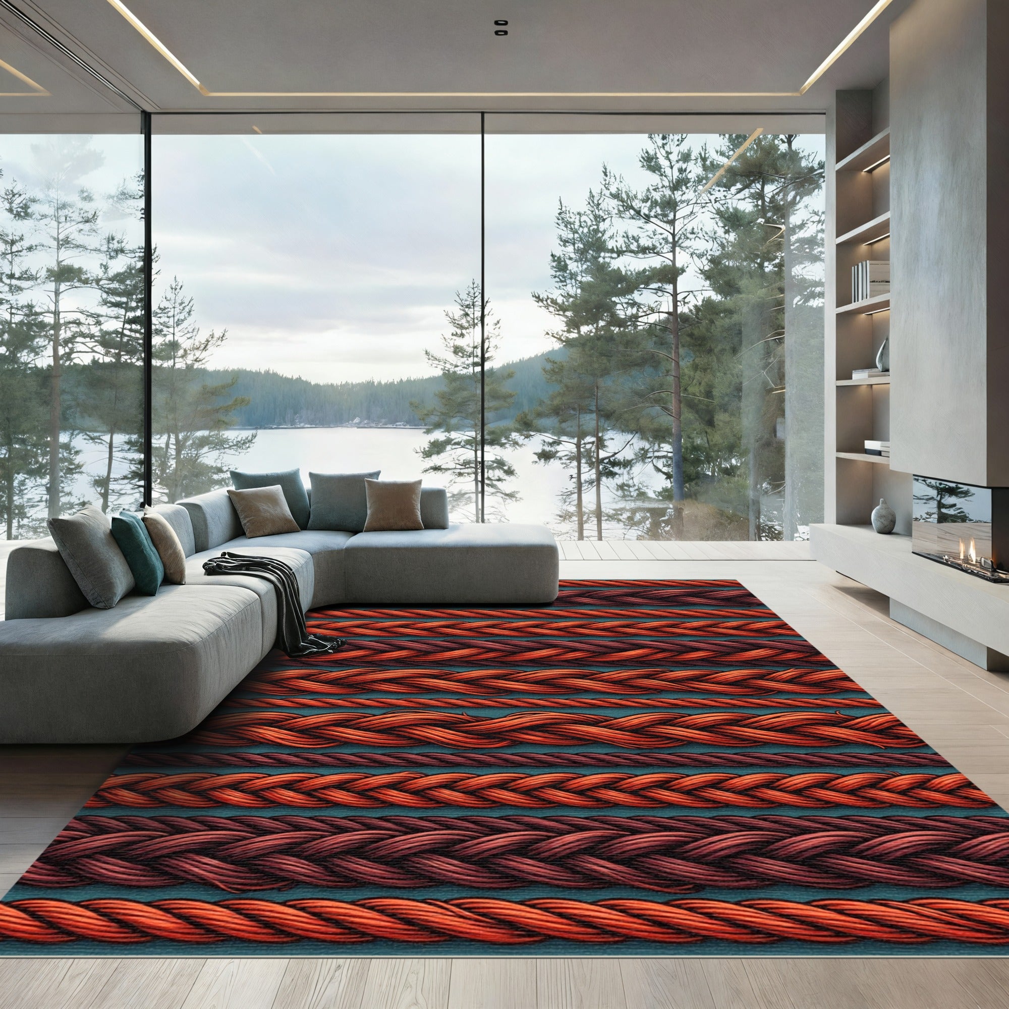 Braided Crimson Orange Rope Stripes Rug