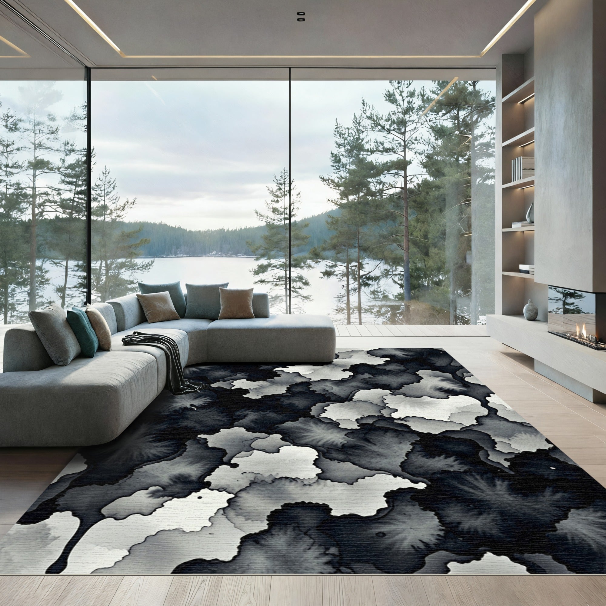 Monochrome Abstract Ink Wash Flow Rug