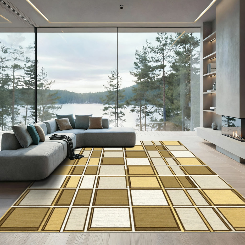 Golden Beige Geometric Blocks Rug