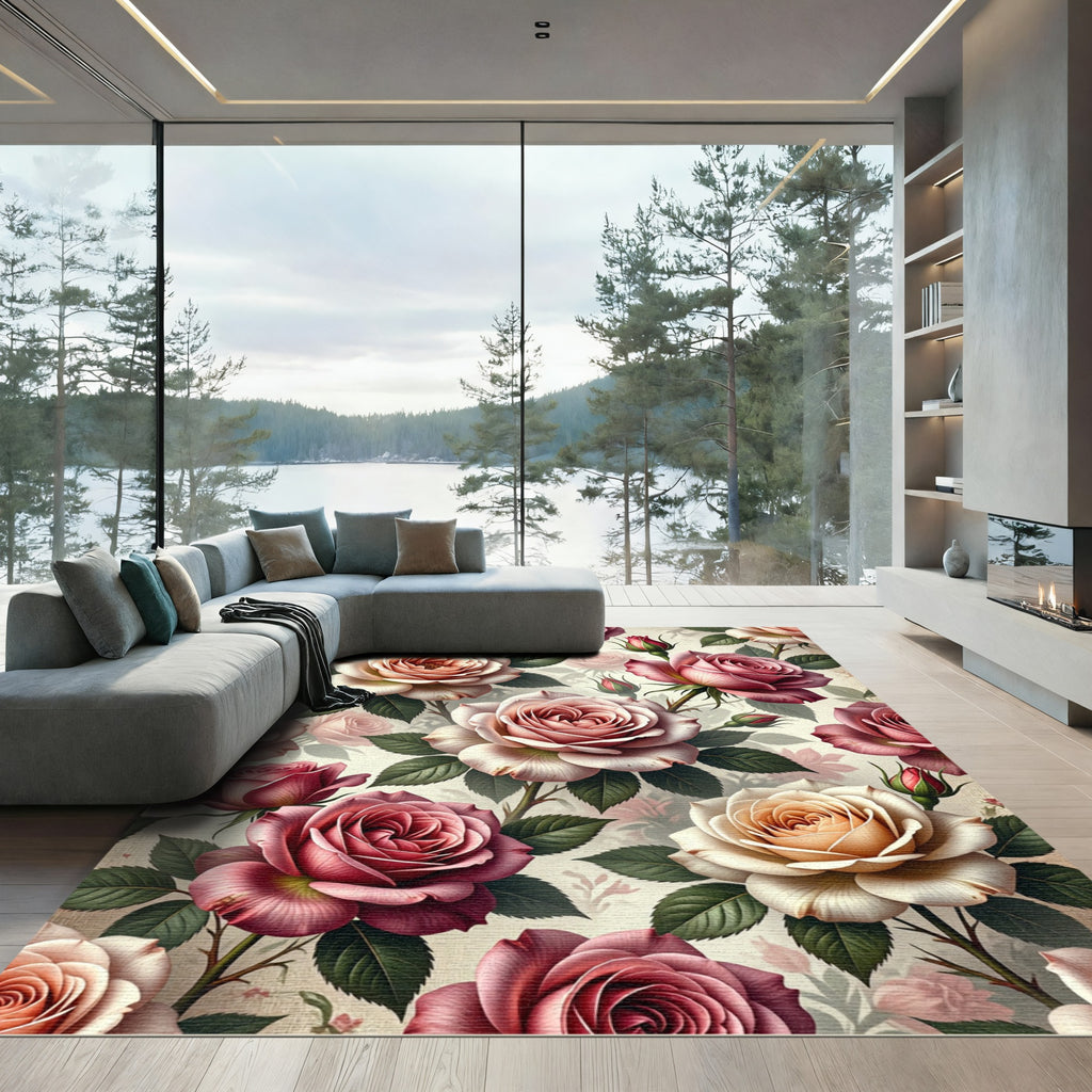 Romantic Pink Peach Rose Garden Rug