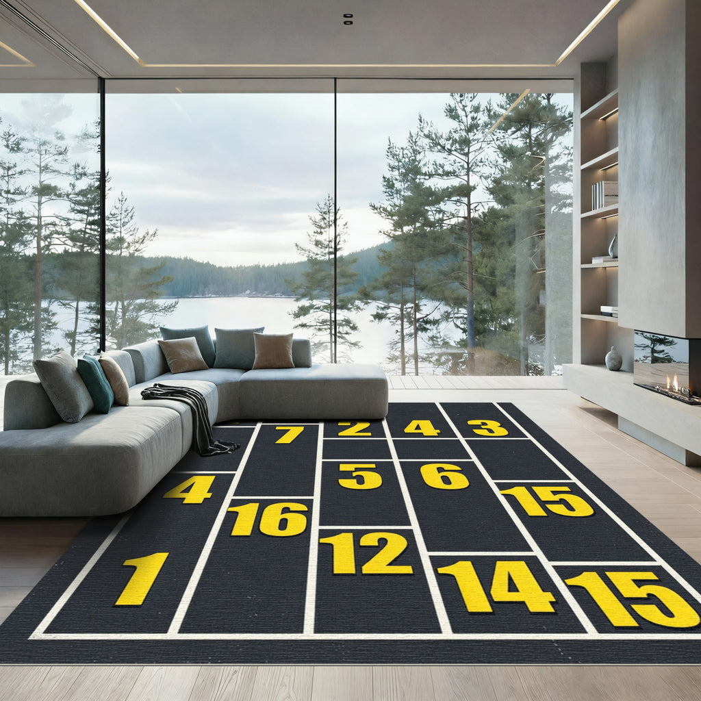 Bold Modular Numbered Block Yellow Grid Rug