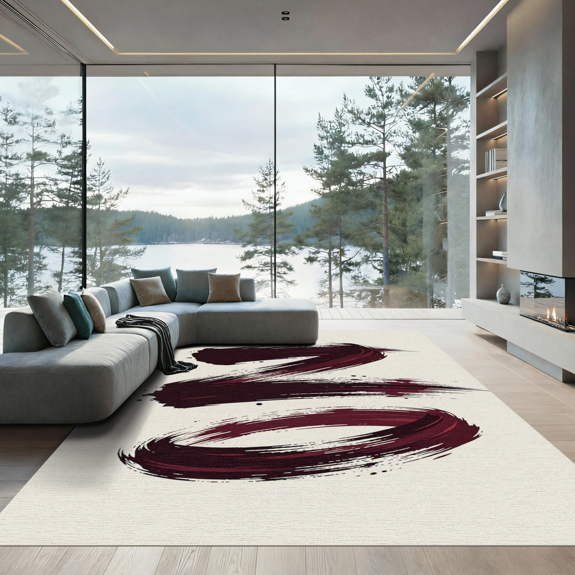 Dark Crimson Abstract Zen Swirl Rug