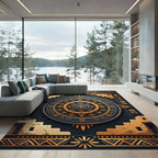 Golden Aztec Celestial Sun Geometric Area Rug