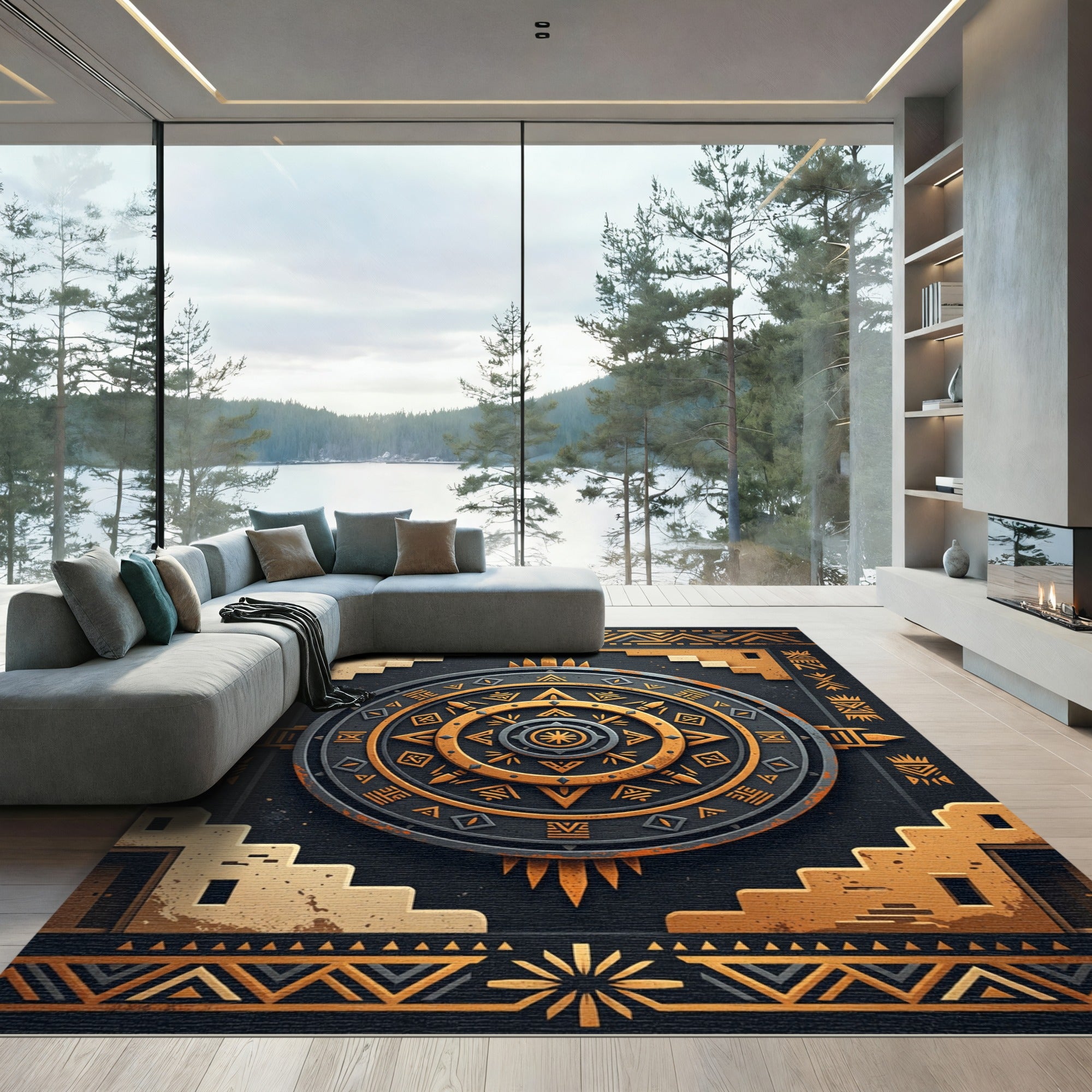Golden Aztec Celestial Sun Geometric Area Rug