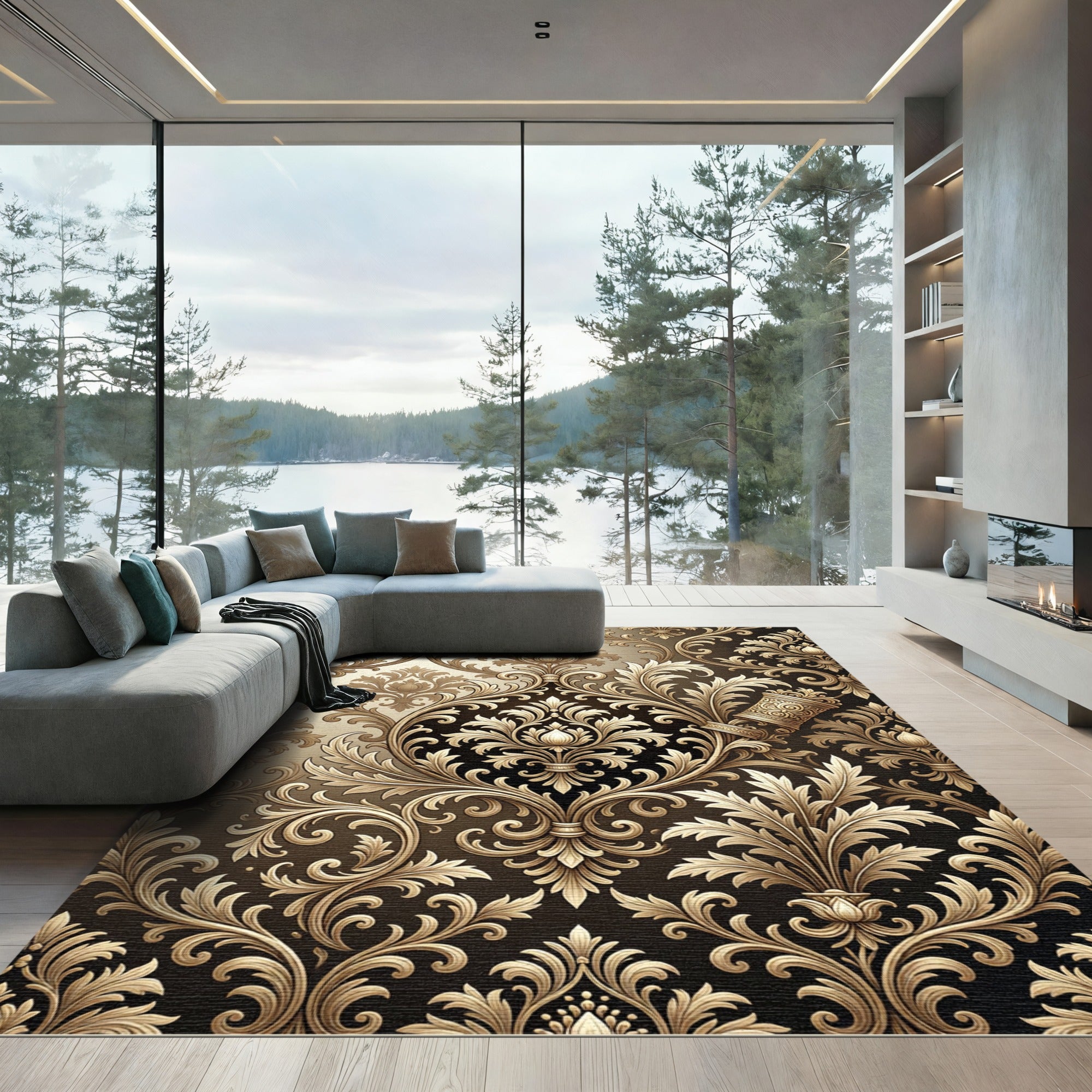 Gilded Baroque Floral Damask Rug