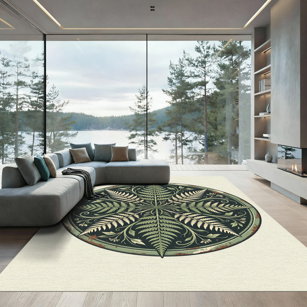 Sage Green Fern Botanical Circle Rug