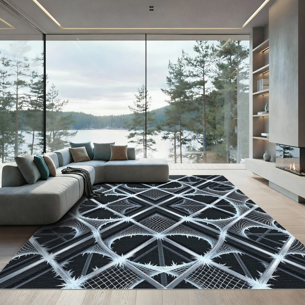 Geometric Silver Frost Lattice Web Rug
