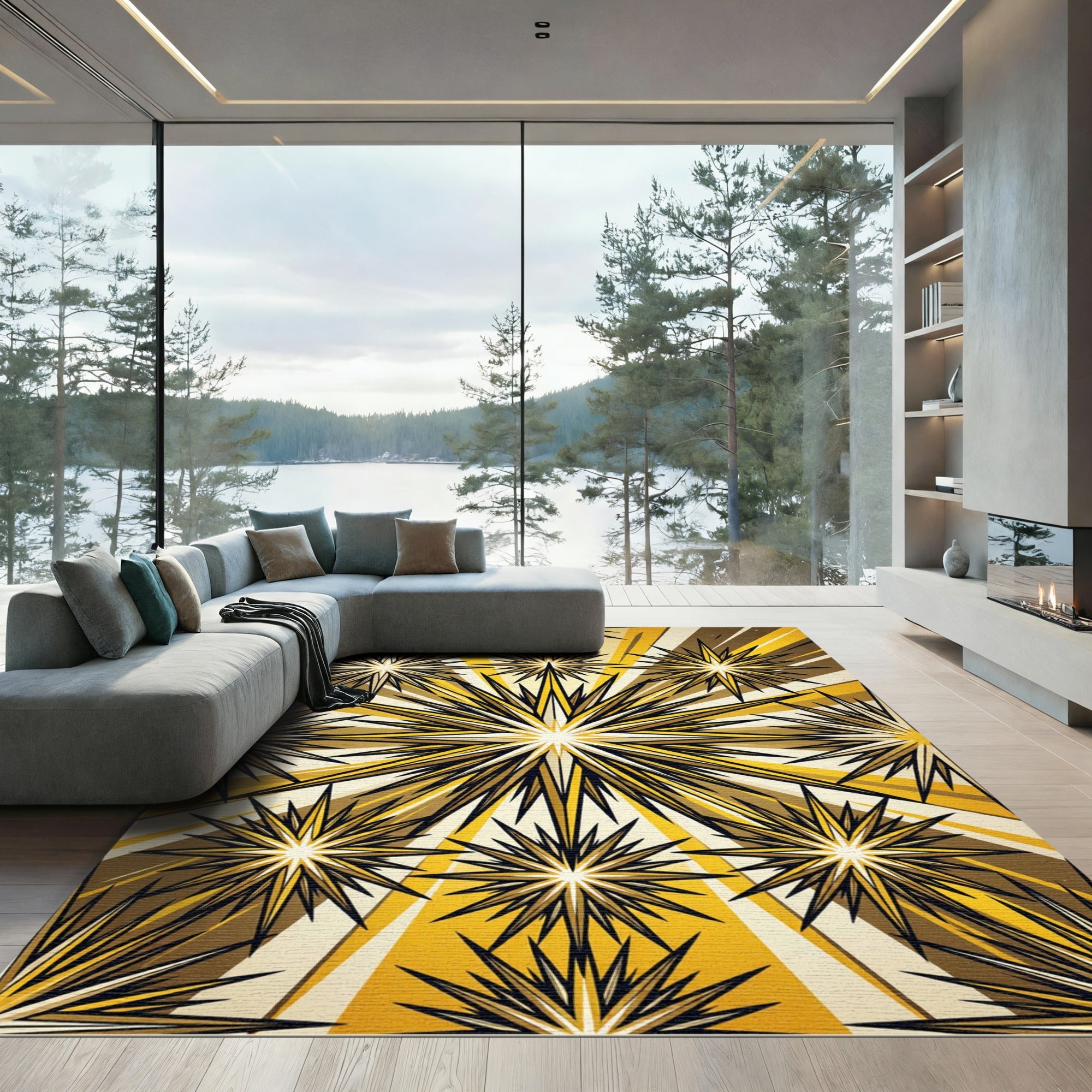 Radiant Golden Burst Geometric Star Rug