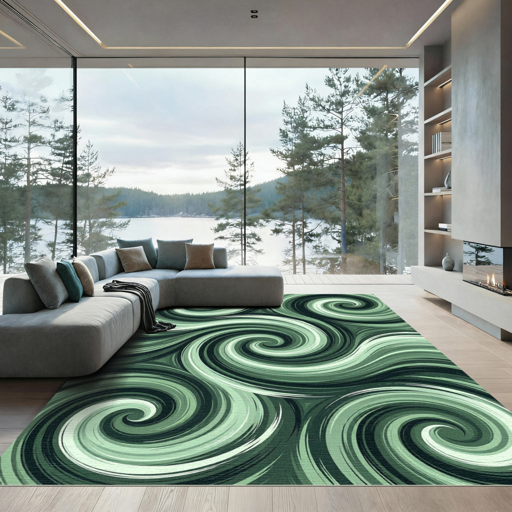 Emerald Green Swirl Composition Rug