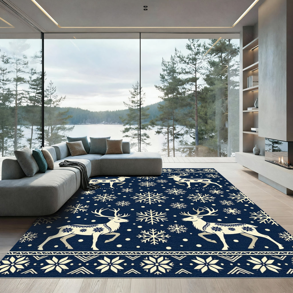 Navy Reindeer and Snowflake Winter Rug