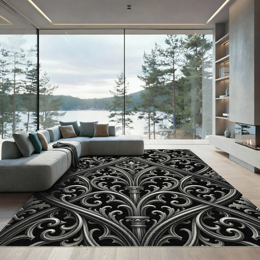 Gothic Gray Ornate Scrollwork Composition Rug