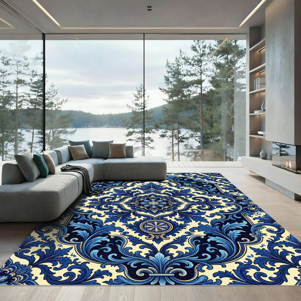 Royal Blue Floral Damask Heritage Rug