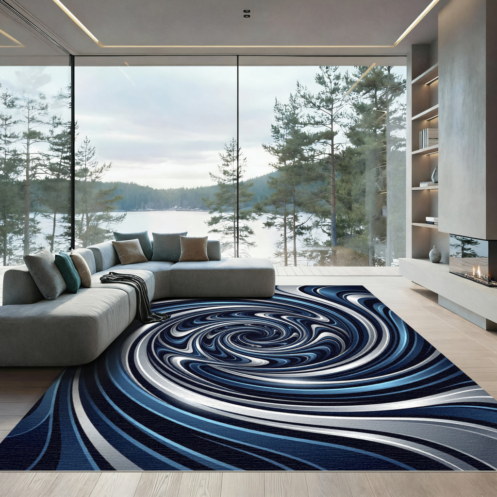 Modern Navy Silver Abstract Swirl Rug