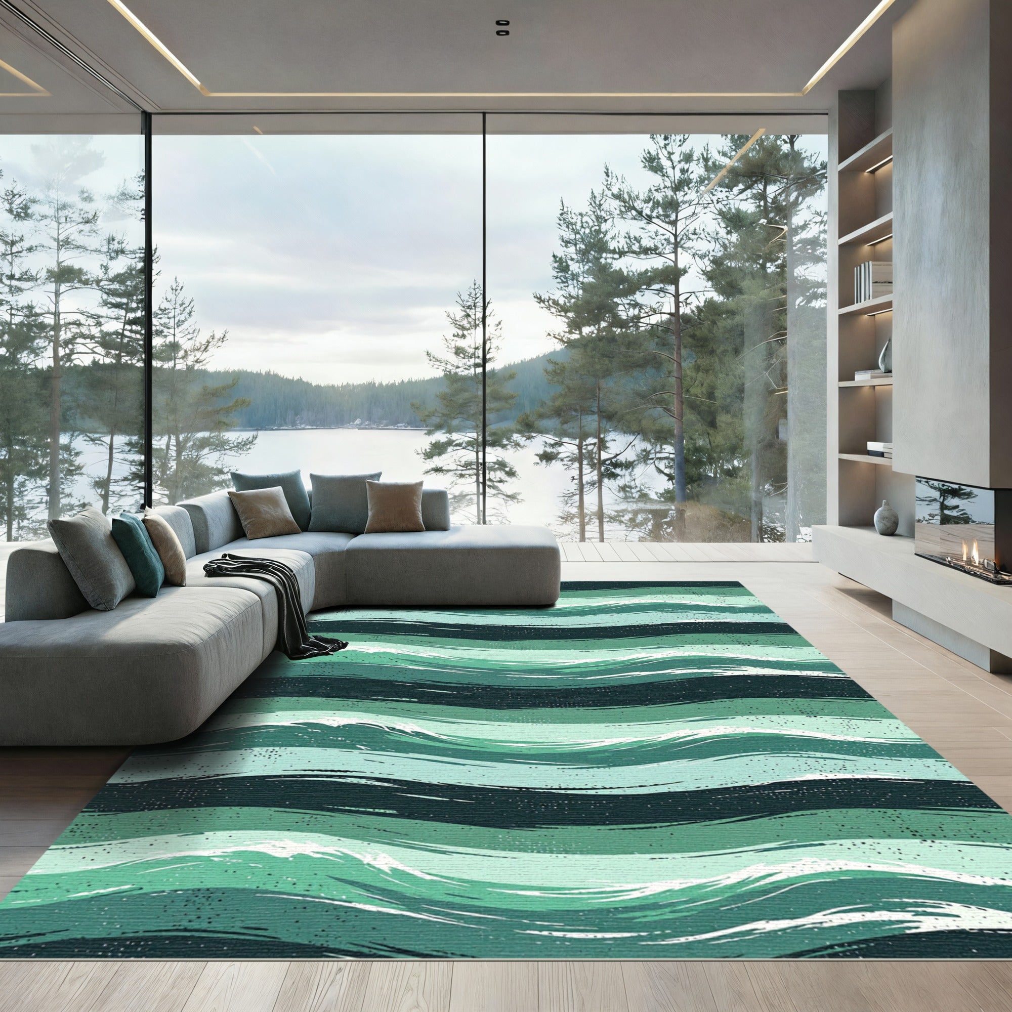 Teal Ocean Wave Textured Stripes Rug