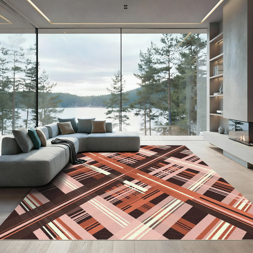 Crimson Tan Plaid Intersecting Lines Rug