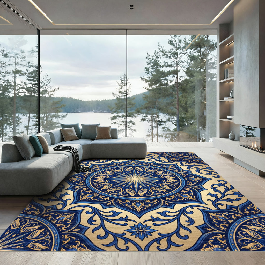 Ornate Gold and Navy Star Medallion Rug