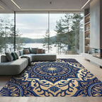Ornate Gold and Navy Star Medallion Rug